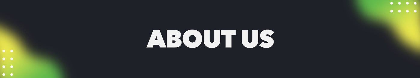 Graphic displaying the heading ‘About Us’ on a dark background with green and yellow abstract accents.