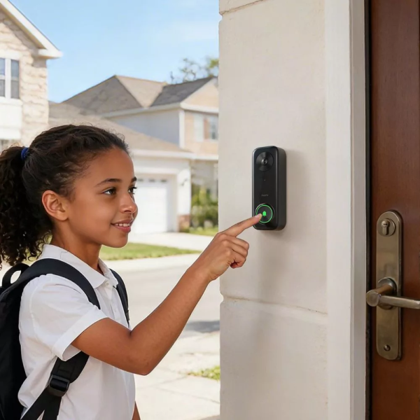 A child ringing the Aqara Doorbell Camera Hub G400 Select in Black