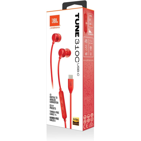JBL Tune 310 USB-C In-Ear Wired Headphones Red | Klikk Malta