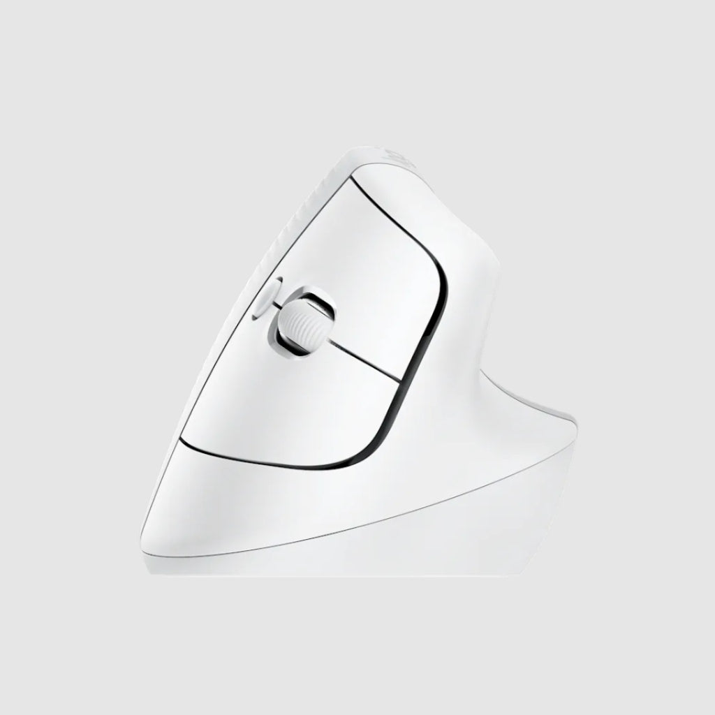 A white ergonomic computer mouse with a curved design and a central scroll wheel, shown on a light gray background.