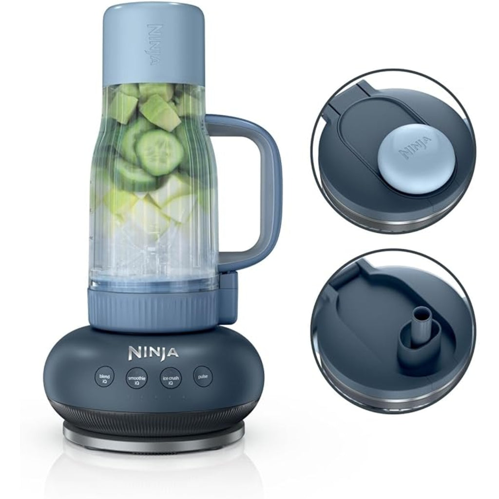 Ninja portable blender with a dark gray base, light blue lid, and clear container filled with sliced cucumbers, shown alongside two circular detail insets on a white background.