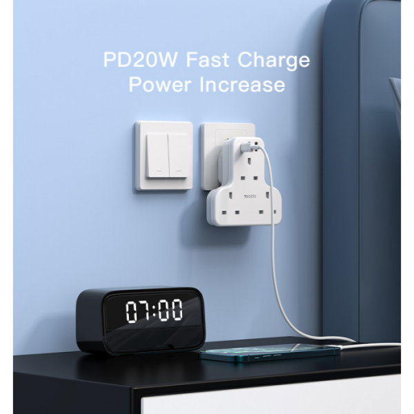 Yesido 3-gang Power Strip UK with 20W 1xUSB... | Klikk Malta