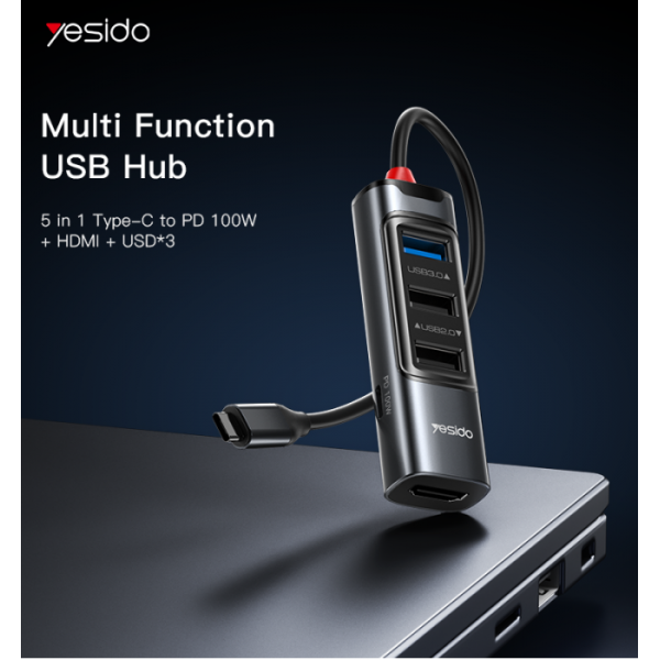 Yesido 5-in-1 USB-C Hub HDMI, USB Type-C PD... | Klikk Malta