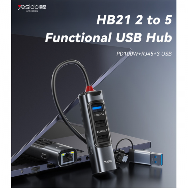 Yesido 5-in-2 USB-C/A Hub RJ-45, USB Type-C... | Klikk Malta