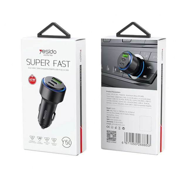 Yesido 60W USB Car Charger 2xUSB-C 1xUSB-A | Klikk Malta