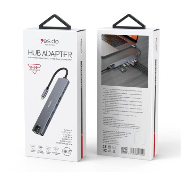 Yesido HB27 8-in-1 USB-C Hub (HDMI, RJ45, 2... | Klikk Malta
