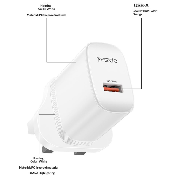 Yesido YC157 18W USB Wall Charger USB-A UK ... | Klikk Malta