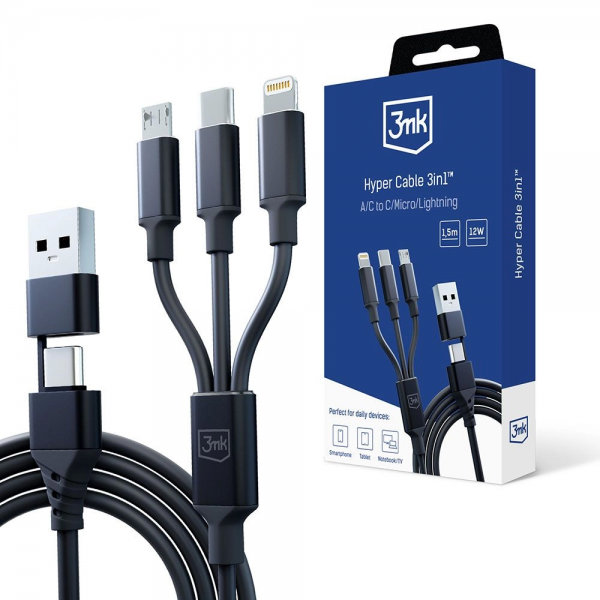 3mk Hyper 3-in-1 Cable 1.5m USB Type-A / Ty... | Klikk Malta