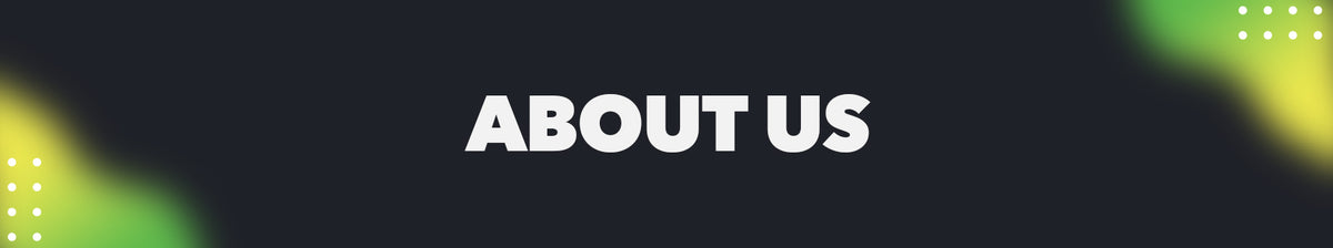 Graphic displaying the heading ‘About Us’ on a dark background with green and yellow abstract accents.