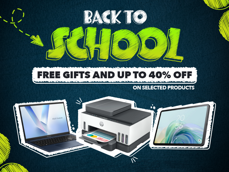 Back to School promotion offering free gifts and up to 40% off selected products, featuring an ASUS laptop, HP printer and tablet.