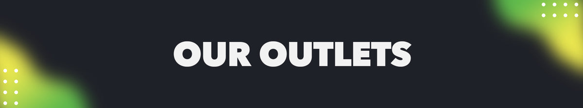 Graphic displaying the heading ‘Our Outlets’ on a dark background with green and yellow abstract accents.