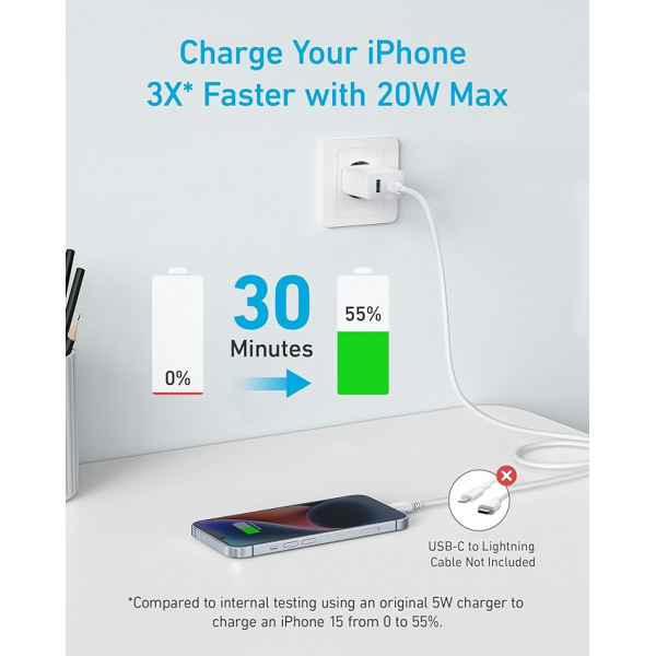 Anker 312 20W USB-C USB-A Power Adapter White | Klikk Malta
