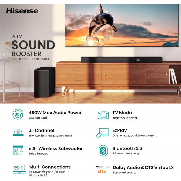 Hisense HS3100 480W 3.1Ch Bluetooth Soundba... | Klikk Malta