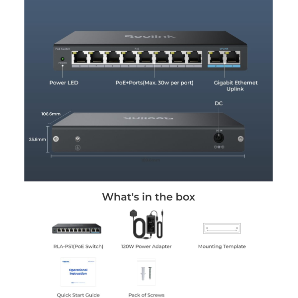 Reolink RLA-PS1 10-port (8-p PoE, 2-p Gbit)... | Klikk Malta