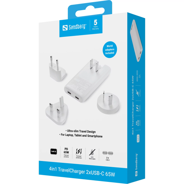 Sandberg 65W Travel Wall Charger US/UK/EU/AU | Klikk Malta