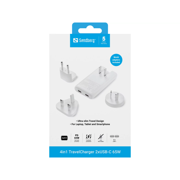 Sandberg 65W Travel Wall Charger US/UK/EU/AU | Klikk Malta