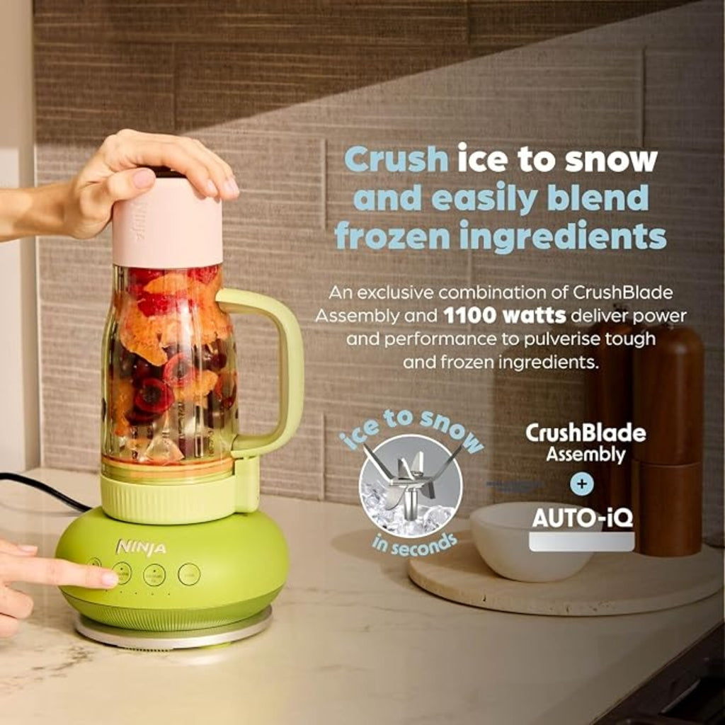 Green Ninja blender with ingredients inside on a countertop, featuring text about its features.