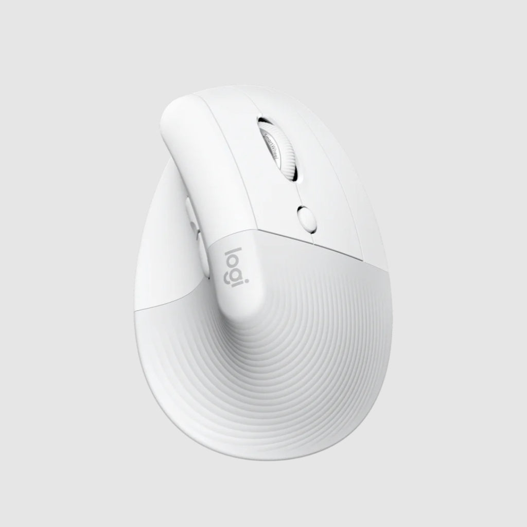 A white ergonomic wireless mouse with a textured lower section and the 'logi' logo printed on the side, shown against a light gray background.