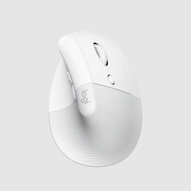A white ergonomic wireless mouse with a textured lower section and the 'logi' logo printed on the side, shown against a light gray background.