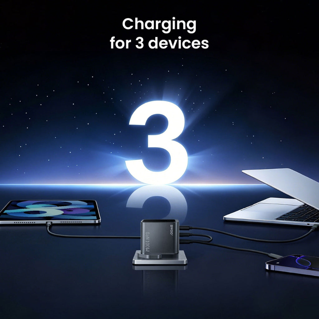 BWOO 100W GaN Charger with 3 USB Ports & Smart Display UK Plug