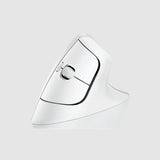 A white ergonomic computer mouse with a curved design and a central scroll wheel, shown on a light gray background.