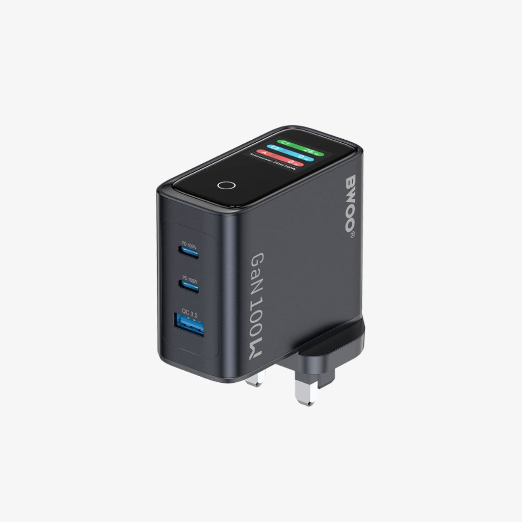 BWOO 100W GaN Charger with 3 USB Ports & Smart Display UK Plug
