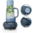 Ninja portable blender with a dark gray base, light blue lid, and clear container filled with sliced cucumbers, shown alongside two circular detail insets on a white background.