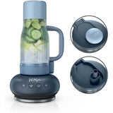 Ninja portable blender with a dark gray base, light blue lid, and clear container filled with sliced cucumbers, shown alongside two circular detail insets on a white background.