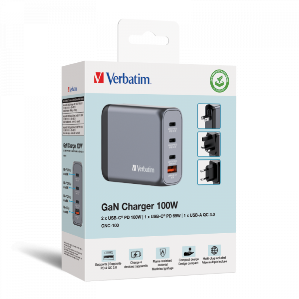 Verbatim GNC-100 100W 4-port GaN Charger | Klikk Malta