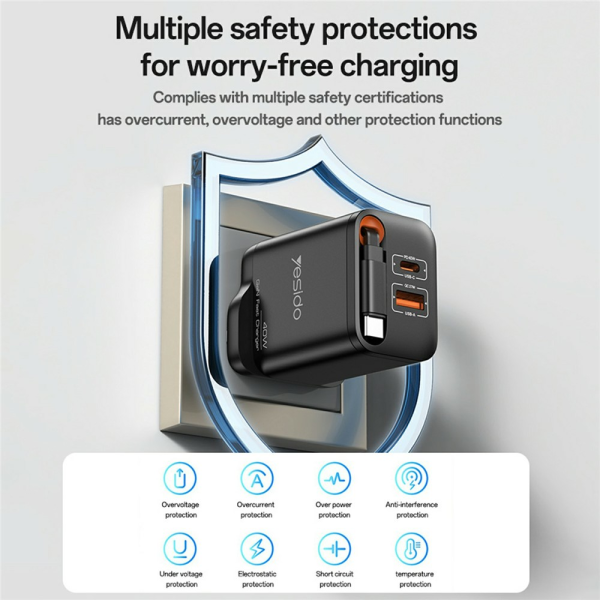Yesido YC145 40W Wall Charger with Retracta... | Klikk Malta