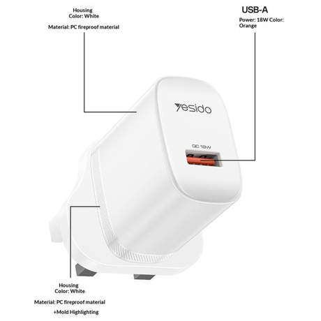 Yesido YC157 18W USB Wall Charger USB-A UK ... | Klikk Malta